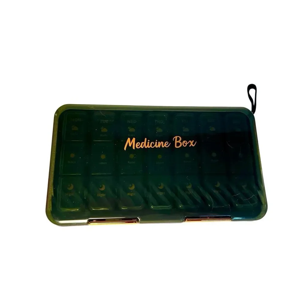 7 Days 21 Grids Portable Travel Kit Classification Medicine Box, Green W Gold